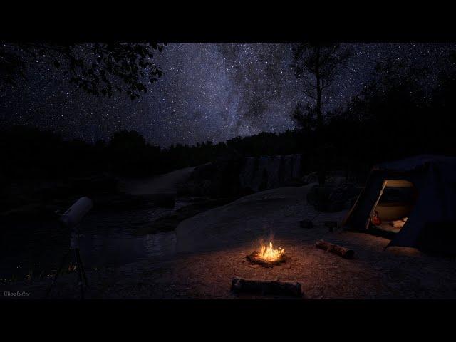 Starlight Camping Ambience | Crackling Fire, Crickets, Water Sounds