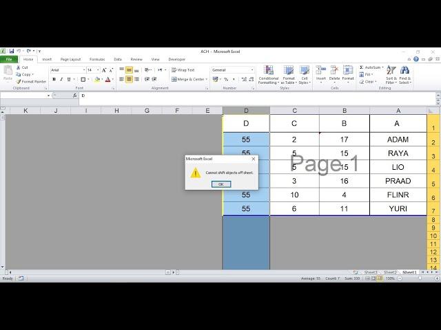 excel error solved ( can't shift objects off sheet )