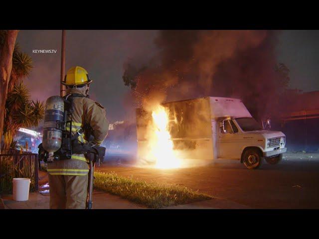 Box Truck Fire Threatens Commercial Building in South Los Angeles