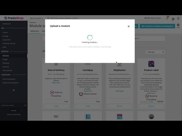 PrestaShop module installation for MONEI payment gateway