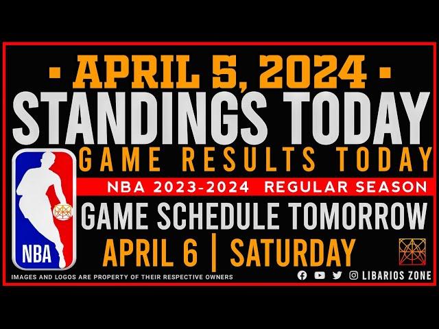 NBA STANDINGS TODAY as of APRIL 5, 2024 |  GAME RESULTS TODAY | GAMES TOMORROW | APR. 6 | SATURDAY