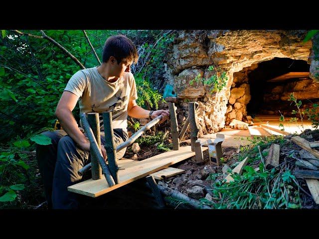 Making a cozy BUSHCRAFT SHELTER out of an ABANDONED CAVE | Making furniture out of boards | Part 2