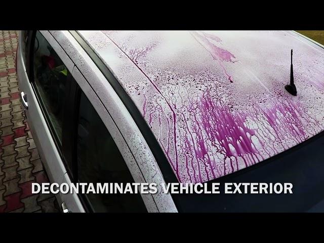 Iron remover for car that removes rust and contaminants from painted surface and wheels.