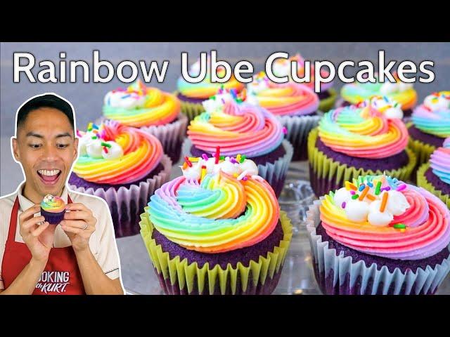 Rainbow Ube Cupcakes: Moist Ube Cupcakes with Coconut Rainbow Frosting | Cooking with Kurt