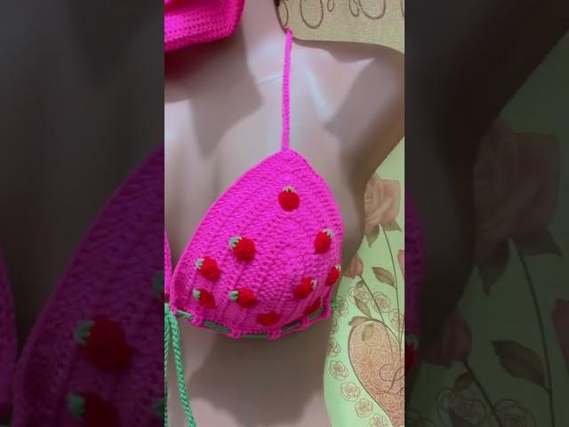 Crochet strawberry Bikine Top, Buttom and Bucket Hat #philippines #crochet #tiktokshop