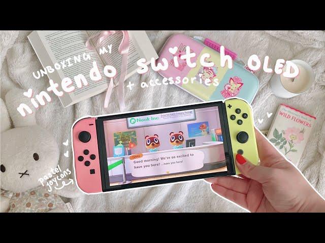 nintendo switch OLED aesthetic unboxing + pastel joycons, accessories & first cozy games haul 