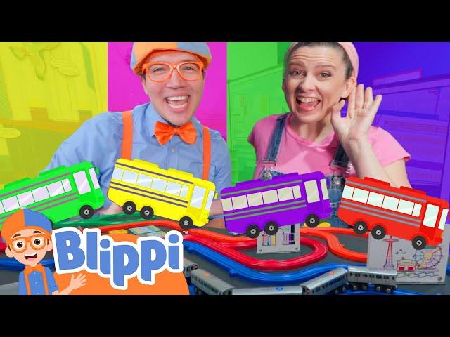 Ms. Rachel and Blippi Play with Rainbow Color Toy Trains | Blippi - Learn Colors and Science