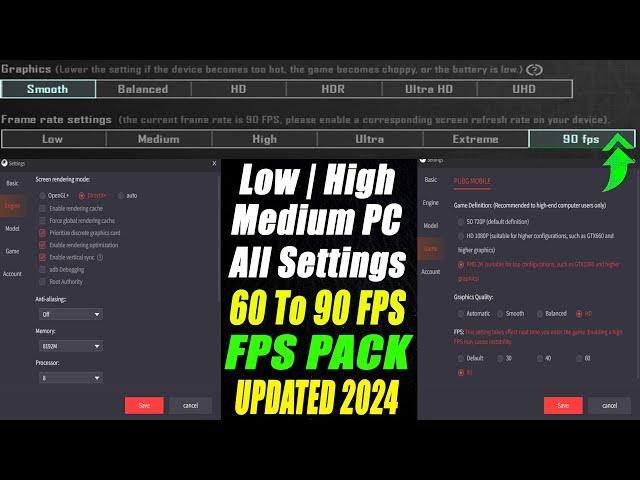 Gameloop/PUBG Game All Settings For Low/Medium/High End PC | Updated 2024 FPS Pack | HDR 90 FPS |