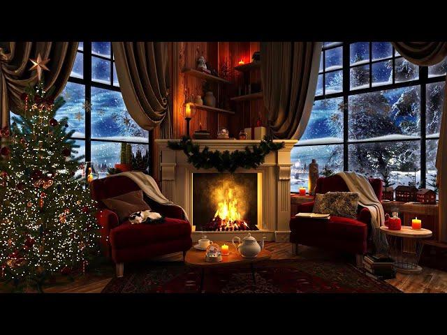 Christmas Cabin Ambience - Crackling Fireplace with Snowstorm | 3 Hours