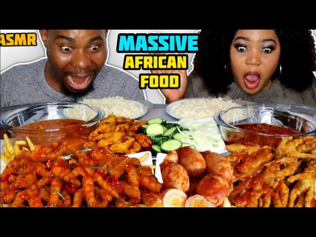 ASMR MASSIVE EATING | SPEED EATING CHICKEN FEET, EGGS, PLANTAIN, SALAD, RICE & CHICKEN |AFRICAN FOOD