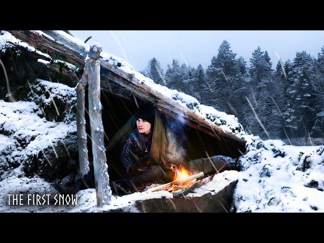 THE FIRST SNOW! Building a Survival Shelter in Winter (No Tent Camping)