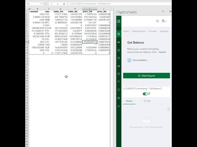 Use =CS.QUERY & the Cointracking.info API to get your portfolio balance in Excel & Googlesheets