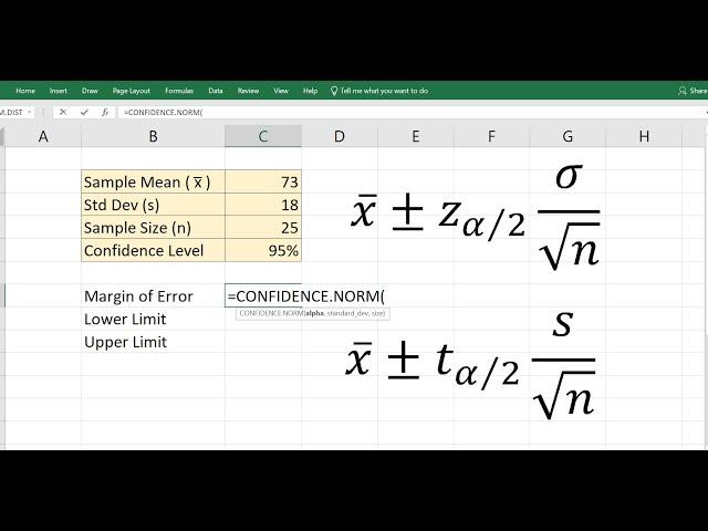 Confidence Interval for mean in Excel z & t (summary values)