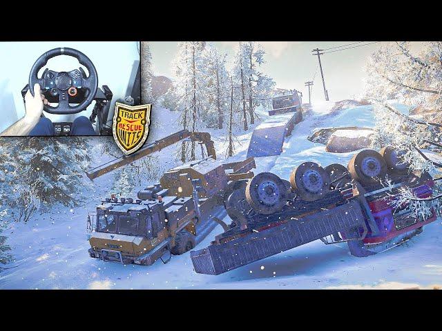 Truck Lost Control on Downhill (TRU) - Snowrunner (Steering Wheel) Gameplay