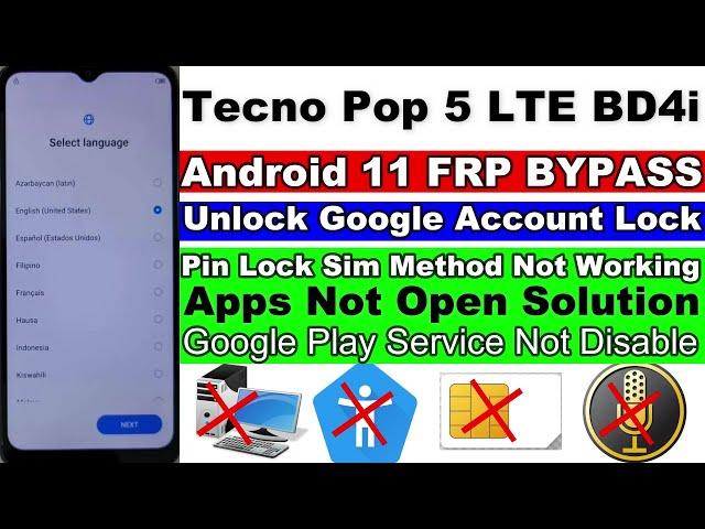 Tecno Pop 5 LTE BD4i FRP Bypass Android 11 Without PC | Apps Not Opening Solution 2023