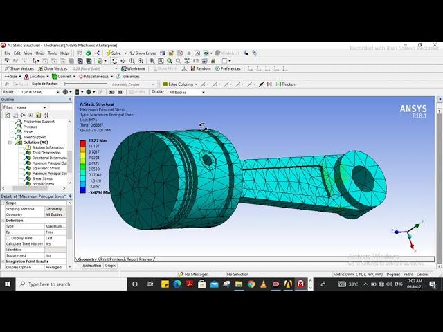 Analysis and Animation of Piston-Connecting Rod Assembly. Total deformation, Shear stress, etc.