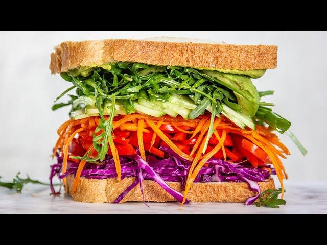 A Delicious California-Grown Veggie Rainbow Sandwich with Pistachio Basil Sandwich Spread