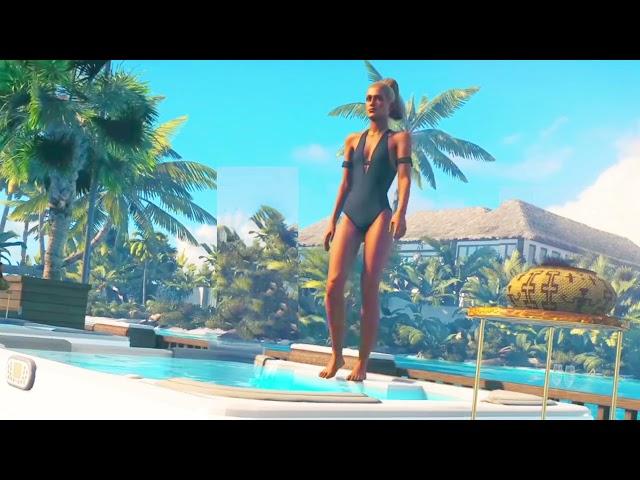 Ljudmila Vetrova One-Piece Black Swimsuit Body Outside Hot Tub Tropical Island Scene (Moving Effect)