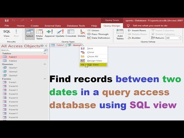 MS access tutorial: find records between two dates in query access database using SQL view