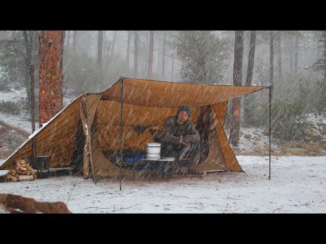 Solo Hot Tent Winter Camping in Snow Storm, Wood Stove | ASMR