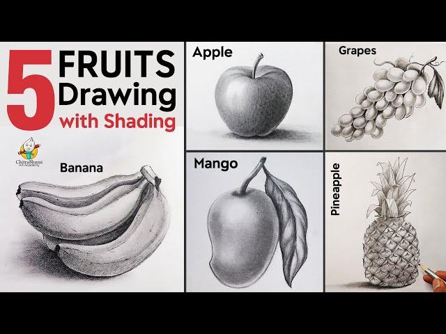 5 Realistic Fruits Apple, Mango, Banana, Grapes, Pineapple Drawing Pencil Shading 3D Art Tutorial