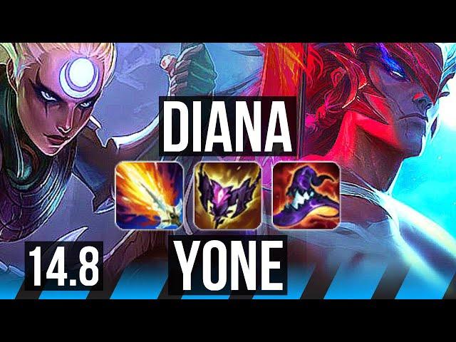 DIANA vs YONE (MID) | 9 solo kills, 67k DMG, Dominating | NA Master | 14.8