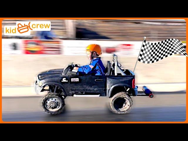 Racing kids power wheels truck, tractor, and ride on race cars. Educational drag racing | Kid Crew