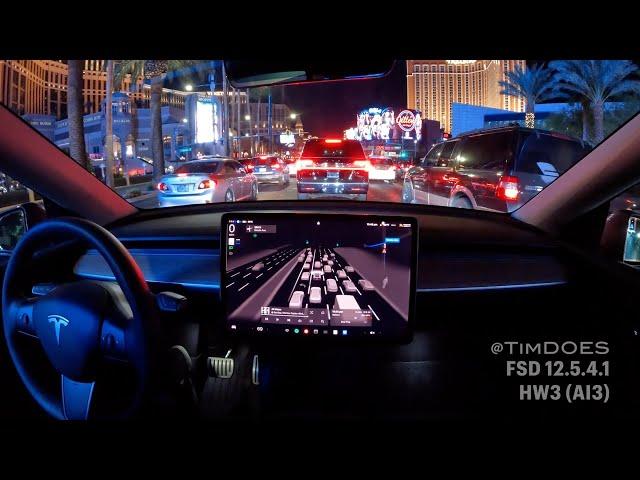 FSD 12.5.4.1 - First Impressions on Las Vegas Strip with HW3 Model Y