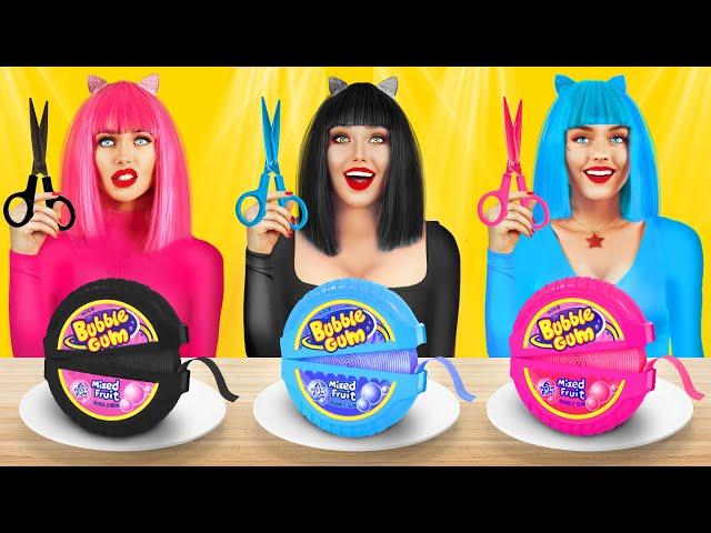 Pink VS Black VS Blue Food Challenge! Eating Only One Color Food 24 HRS by RATATA POWER