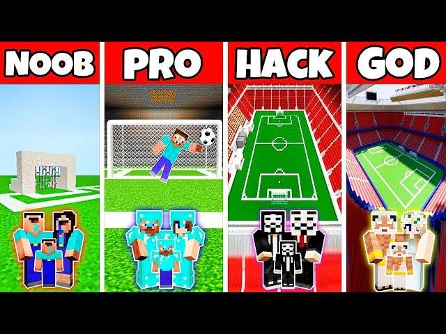 Minecraft: FAMILY FOOTBALL STADIUM BUILD CHALLENGE - NOOB vs PRO vs HACKER vs GOD in Minecraft