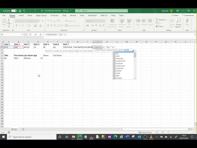 MS Excel tutorial covering Concatenate, concat and use of &.