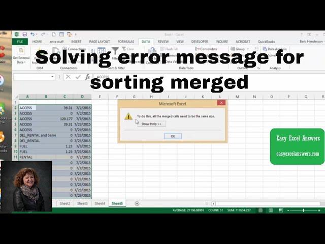 Getting around error message for sorting merged cells in Excel