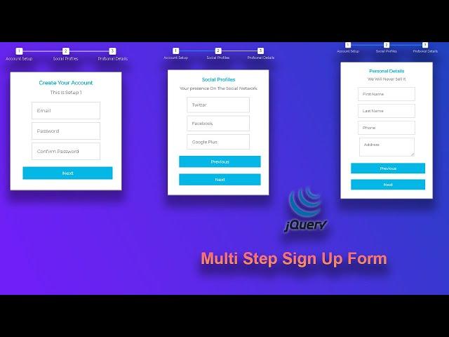 multi step signup form using html css jQuery