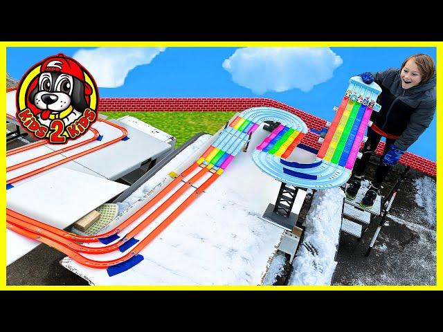 Hot Wheels Mario Kart SNOW Race  Our Longest Rainbow Road Raceway Track!