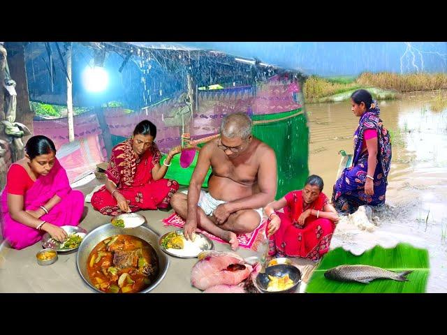 Indian Village Life। Heavy Rain Early Morning Routine। Cooking Traditional Village Food Fish Curry