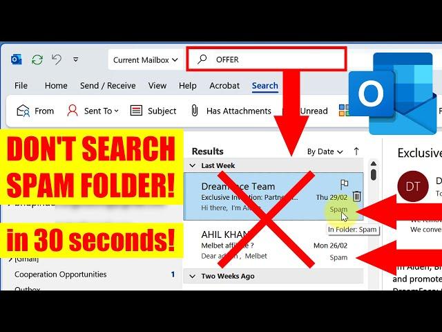 How to PREVENT Outlook from showing Results from SPAM folder