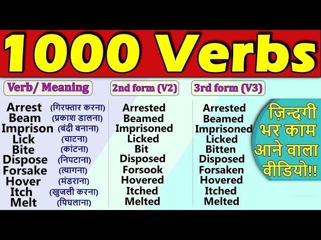 1000 Verbs with 2nd and 3rd Forms | 1000Verbs in English | Daily Use Verbs | 2021 | All verbs