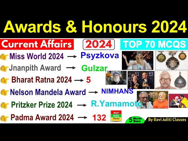 Awards and Honours 2024 current affairs | January To July 2024 Important MCQ | Awards and Honours