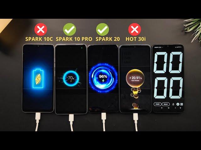 Tecno Spark 10 Pro vs Spark 20 vs Infinix Hot 30i vs Spark 10c | Charging Speed Test | 5000mah |18W