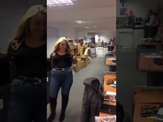 Blonde woman splits her jeans while dancing