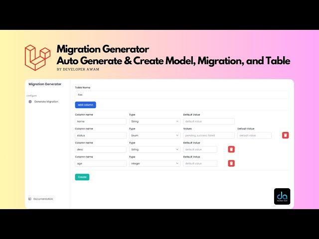 Laravel Stater Pack | Migration Generator, Auto Generate, Create Model, Migration, and Table