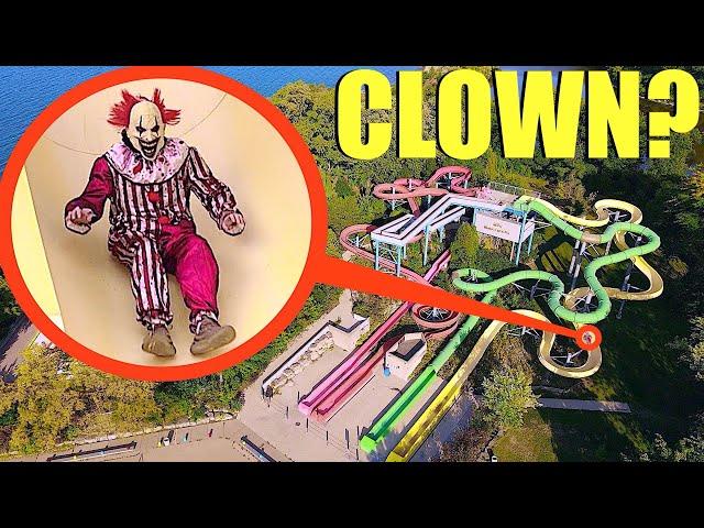 drone catches crazy clown at abandoned water park (it was going down the slides)