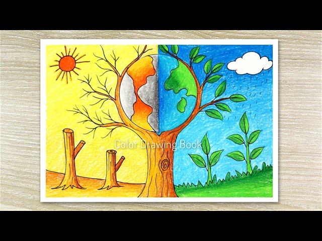 How to draw save tree save earth poster easy step by step, Environment day drawing