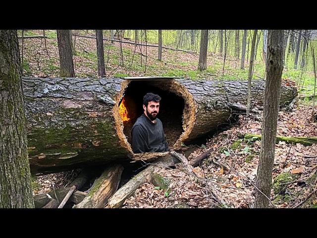 Man Builds SECRET SHELTER Inside Fallen Tree | Solo Survival by @BushcraftHakankarahan