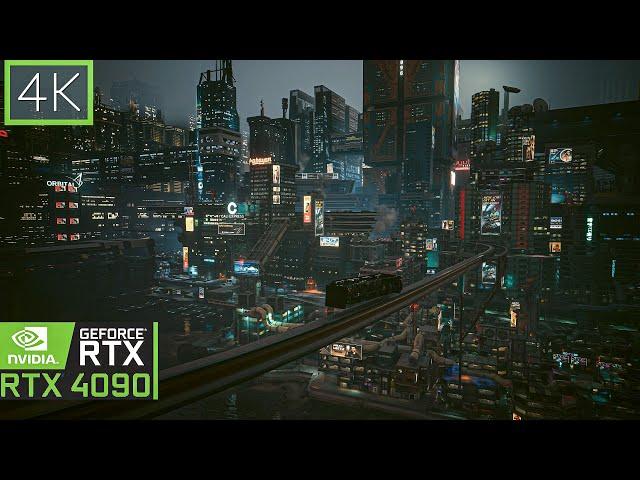 4K Cyberpunk 2077 I Flying Along Night City Train I RTX 4090 Ultra Settings Path Tracing AI