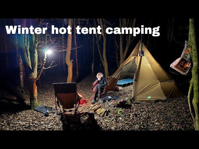 Winter hot tent camping - woodland overnight camp