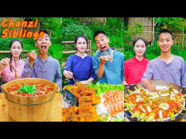 SPICY Barrel Fish Cook with Stone!? | Mukbang Eating Challenge|Village Food Outdoor Cooking