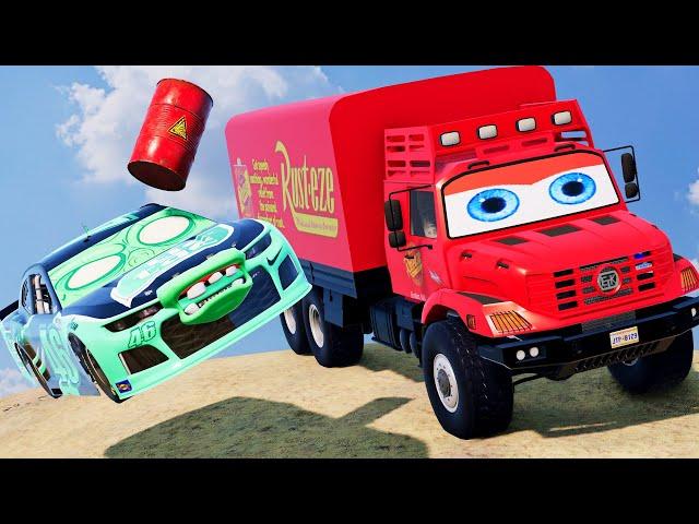 Episode 82 - Big & Small:McQueen NASCAR and Mater VS NASCAR Zombie Universe Slime in BeamNG.Drive