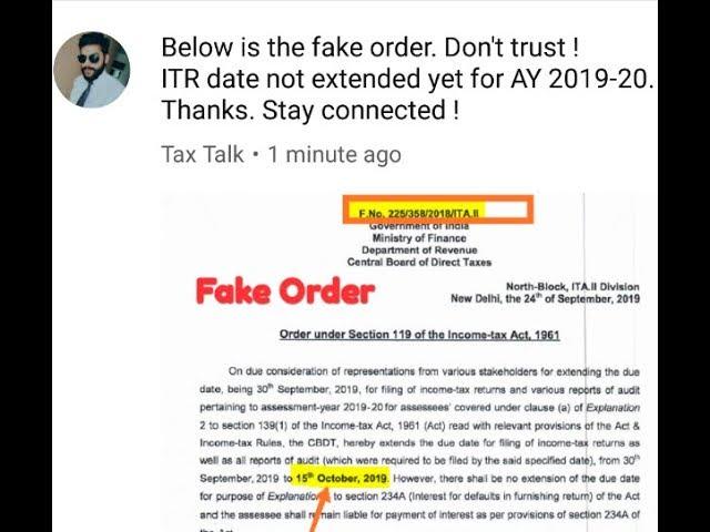 Fake Order Circulated for INCOME TAX RETURN Due Date Extension for AY 2019-20, Don't Trust!