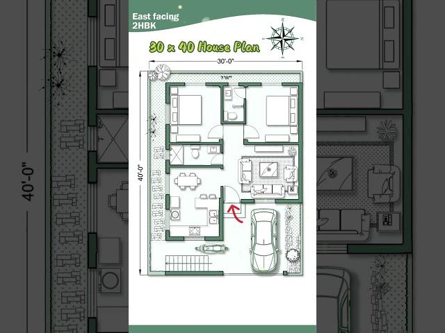 30 x 40 House Plan, East facing 2BHK, 30 by 40 Home Plan, 30*40 House Design with Car Parking